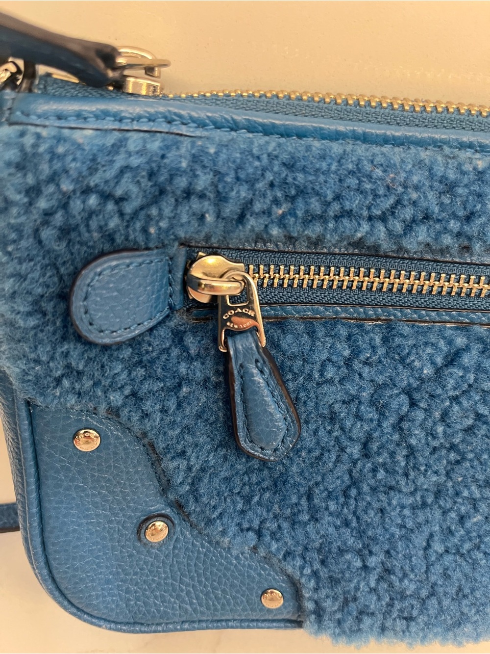 Coach Blue Shearling & Pebbled Leather Crossbody Bag - Picture 8 of 11